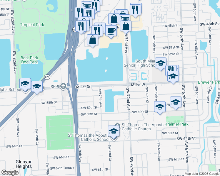 map of restaurants, bars, coffee shops, grocery stores, and more near 7320 Miller Drive in Miami