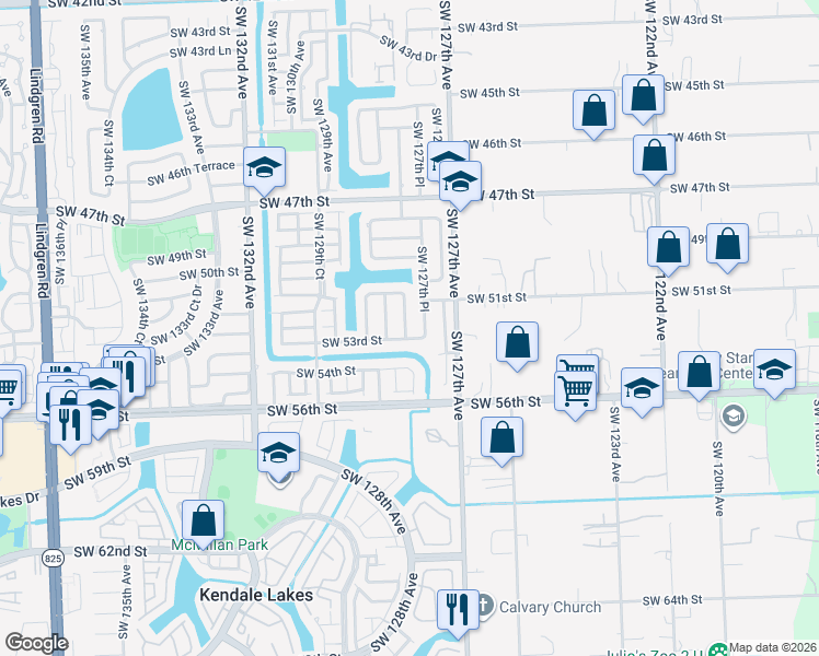 map of restaurants, bars, coffee shops, grocery stores, and more near 5224 Southwest 128th Avenue in Miami