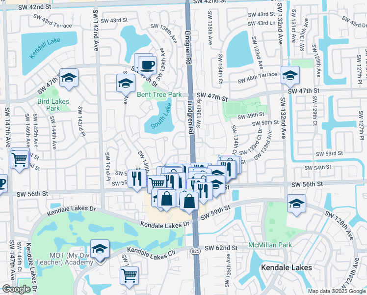 map of restaurants, bars, coffee shops, grocery stores, and more near 13711 Southwest 52nd Street in Miami