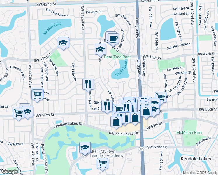 map of restaurants, bars, coffee shops, grocery stores, and more near 5218 Southwest 139th Place in Miami
