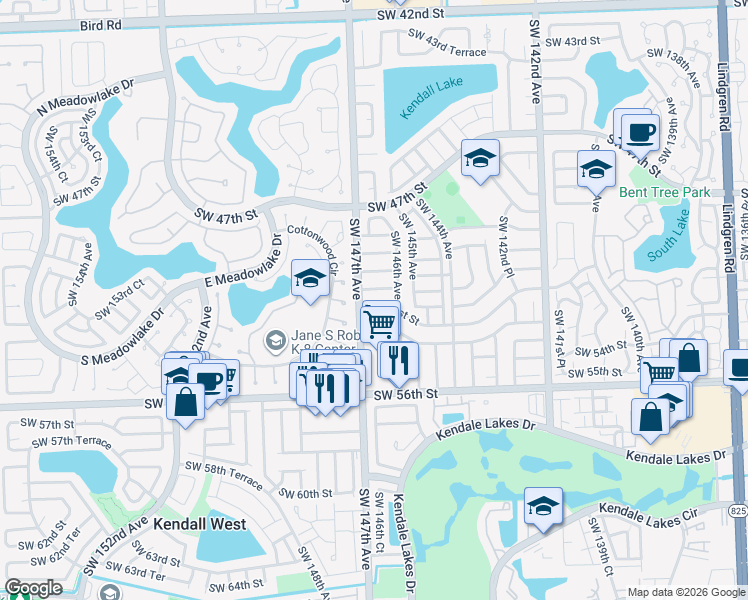 map of restaurants, bars, coffee shops, grocery stores, and more near 14623 Southwest 51st Street in Miami