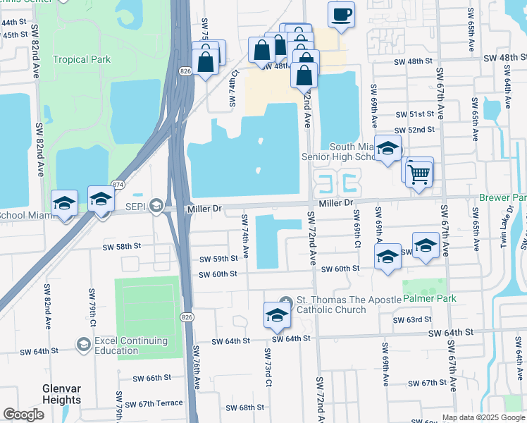 map of restaurants, bars, coffee shops, grocery stores, and more near 7320 Miller Drive in Miami