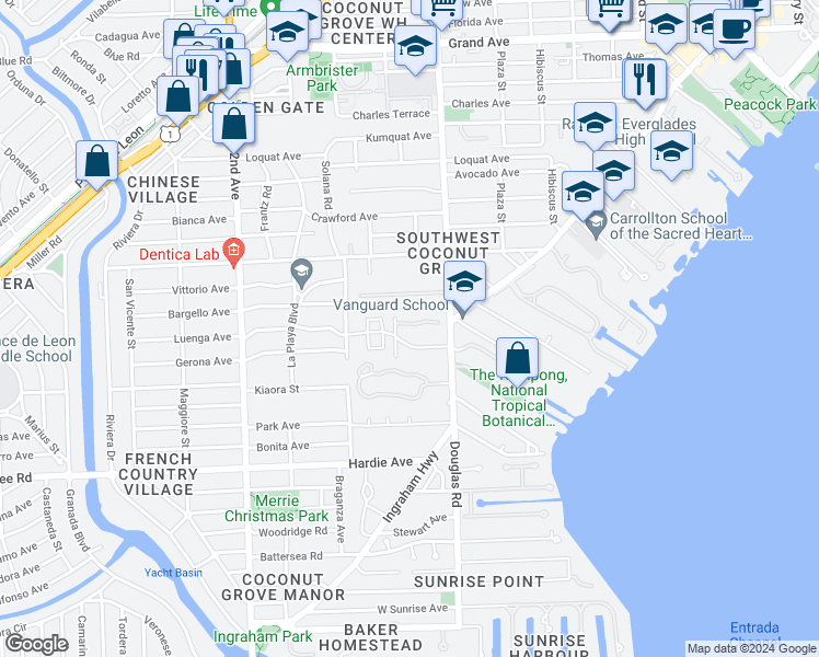 map of restaurants, bars, coffee shops, grocery stores, and more near 3730 De Garmo Lane in Miami