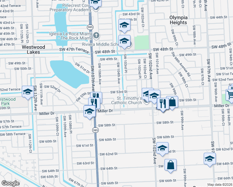 map of restaurants, bars, coffee shops, grocery stores, and more near 10410 Southwest 53rd Street in Miami