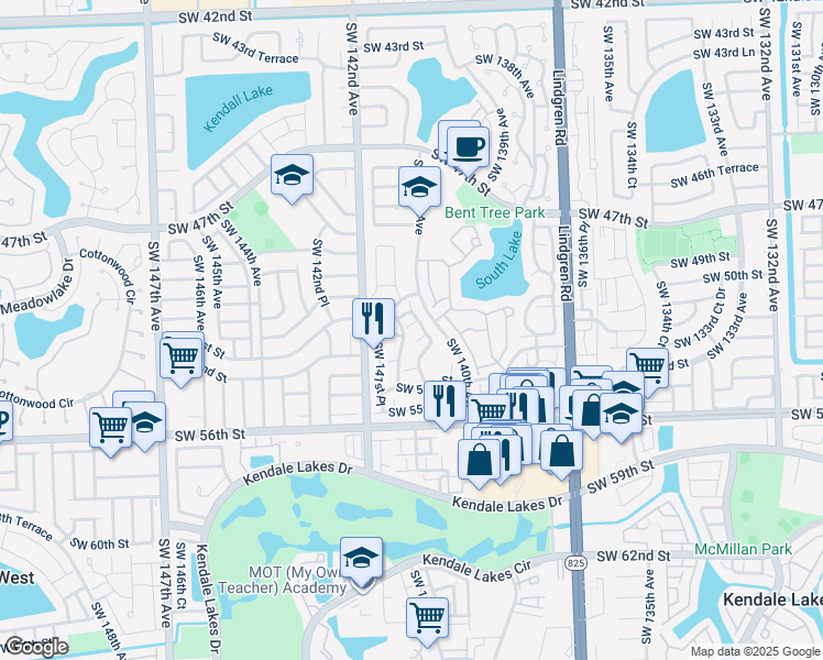 map of restaurants, bars, coffee shops, grocery stores, and more near 14051 Southwest 52nd Terrace in Miami
