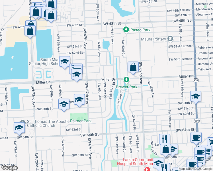 map of restaurants, bars, coffee shops, grocery stores, and more near 5631 Southwest 64th Place in South Miami