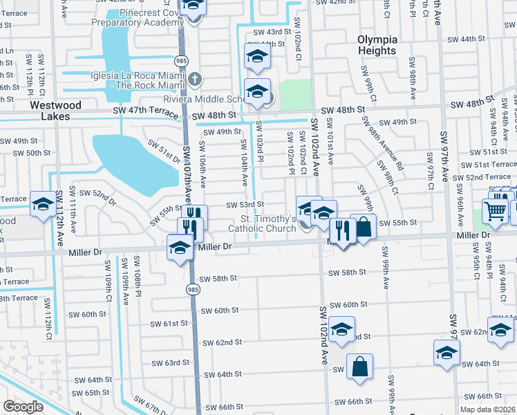 map of restaurants, bars, coffee shops, grocery stores, and more near 5310 Southwest 103rd Place in Miami