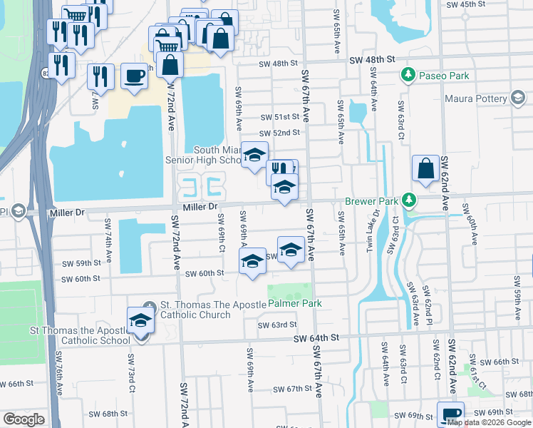 map of restaurants, bars, coffee shops, grocery stores, and more near 6830 Miller Drive in Miami