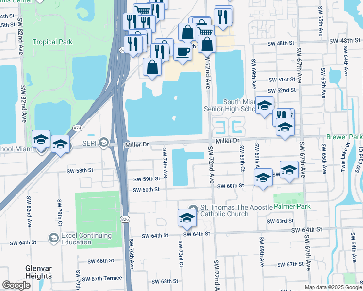map of restaurants, bars, coffee shops, grocery stores, and more near 7320 Miller Drive in Miami