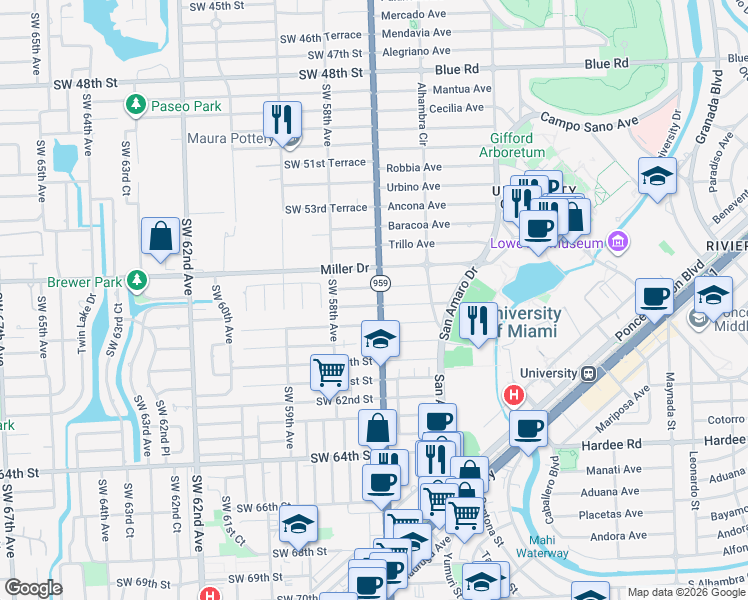 map of restaurants, bars, coffee shops, grocery stores, and more near 5715 Southwest 57th Terrace in Miami
