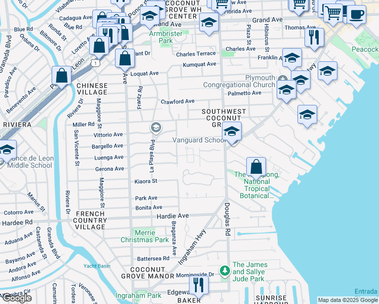 map of restaurants, bars, coffee shops, grocery stores, and more near 3835 El Prado Boulevard in Miami