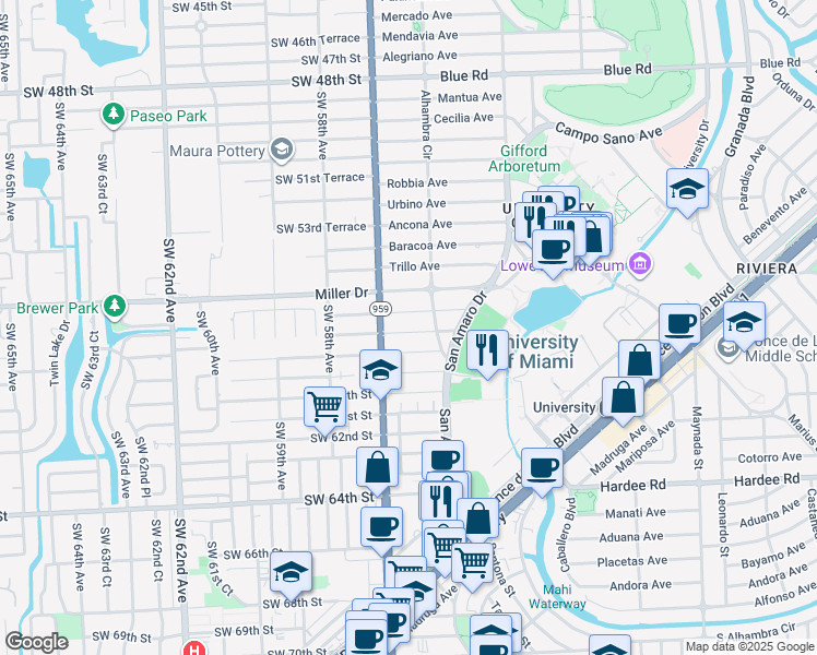map of restaurants, bars, coffee shops, grocery stores, and more near 1514 Consolata Avenue in Coral Gables
