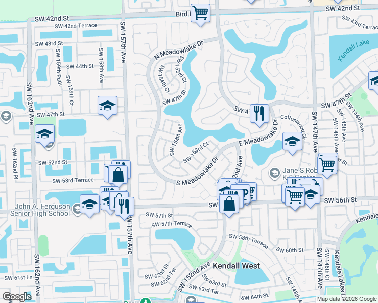 map of restaurants, bars, coffee shops, grocery stores, and more near 5328 Southwest 153rd Court in Miami