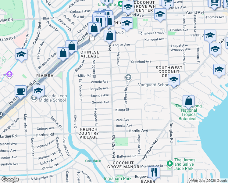 map of restaurants, bars, coffee shops, grocery stores, and more near 4160 El Prado Boulevard in Miami