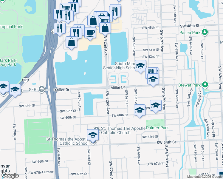 map of restaurants, bars, coffee shops, grocery stores, and more near 5685 Southwest 72nd Avenue in South Miami