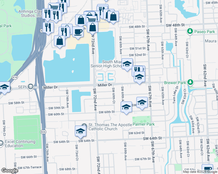map of restaurants, bars, coffee shops, grocery stores, and more near 7001 Southwest 57th Street in Miami
