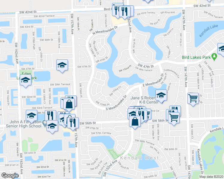 map of restaurants, bars, coffee shops, grocery stores, and more near 5328 Southwest 153rd Court in Miami