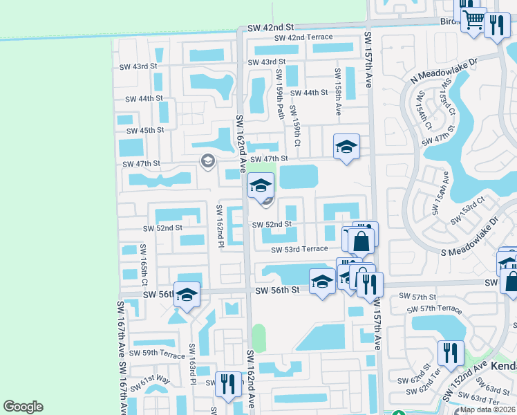 map of restaurants, bars, coffee shops, grocery stores, and more near 5125 Southwest 162nd Avenue in Miami