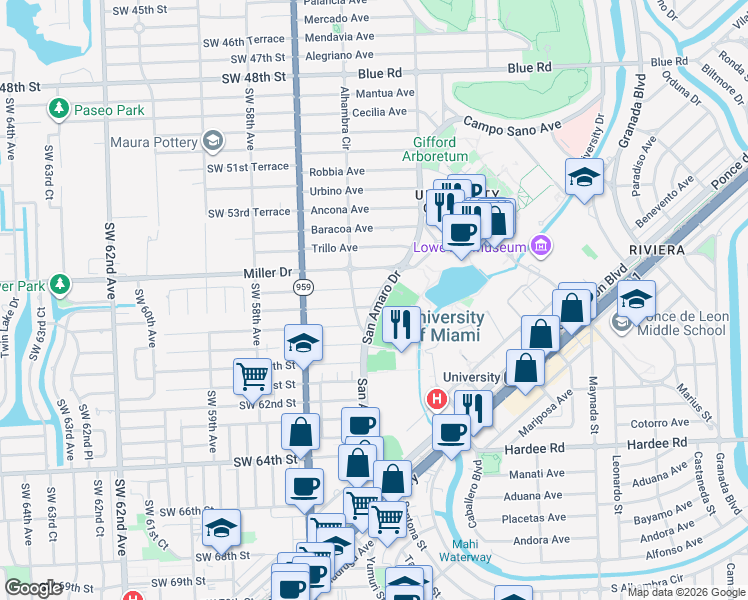 map of restaurants, bars, coffee shops, grocery stores, and more near 5530 San Amaro Drive in Coral Gables