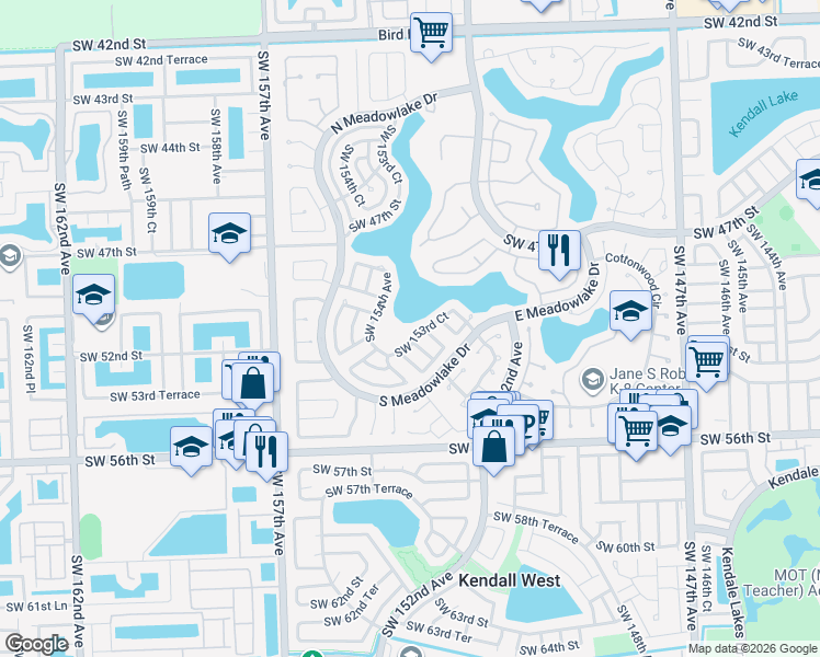 map of restaurants, bars, coffee shops, grocery stores, and more near 5328 Southwest 153rd Court in Miami