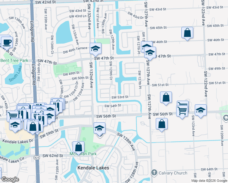map of restaurants, bars, coffee shops, grocery stores, and more near 12905 Southwest 52nd Street in Miami