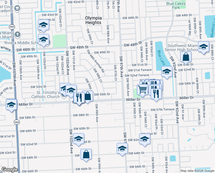 map of restaurants, bars, coffee shops, grocery stores, and more near 5401 Southwest 98th Court in Miami