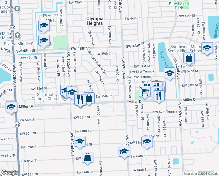 map of restaurants, bars, coffee shops, grocery stores, and more near 5401 Southwest 98th Court in Miami