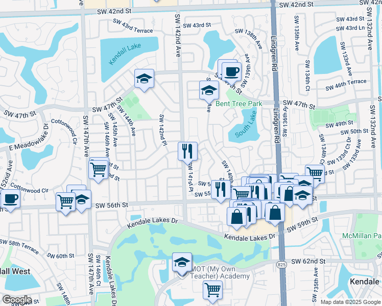 map of restaurants, bars, coffee shops, grocery stores, and more near 14110 Southwest 52nd Street in Miami