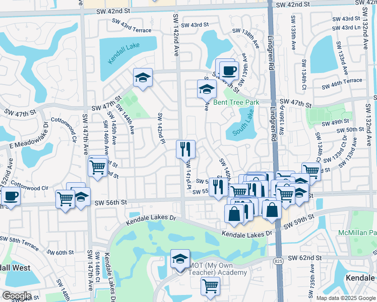 map of restaurants, bars, coffee shops, grocery stores, and more near 14110 Southwest 52nd Street in Miami