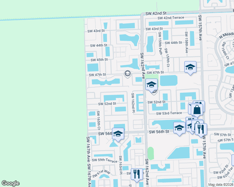 map of restaurants, bars, coffee shops, grocery stores, and more near 5123 Southwest 163rd Place in Miami