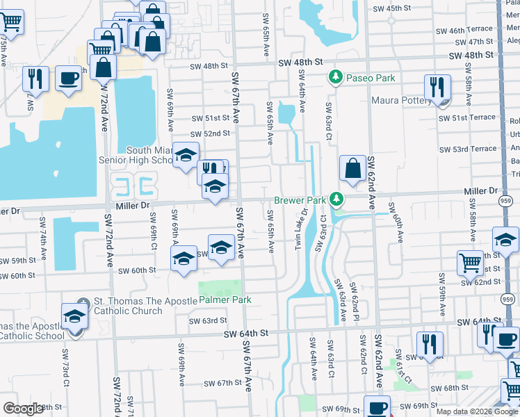 map of restaurants, bars, coffee shops, grocery stores, and more near 5606 Southwest 65th Court in Miami
