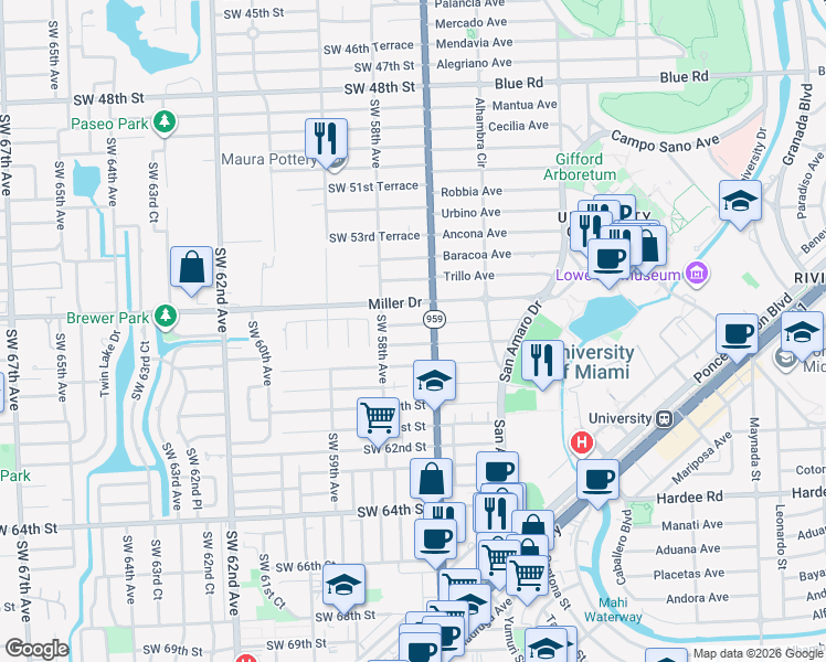 map of restaurants, bars, coffee shops, grocery stores, and more near 5715 Southwest 57th Terrace in Miami
