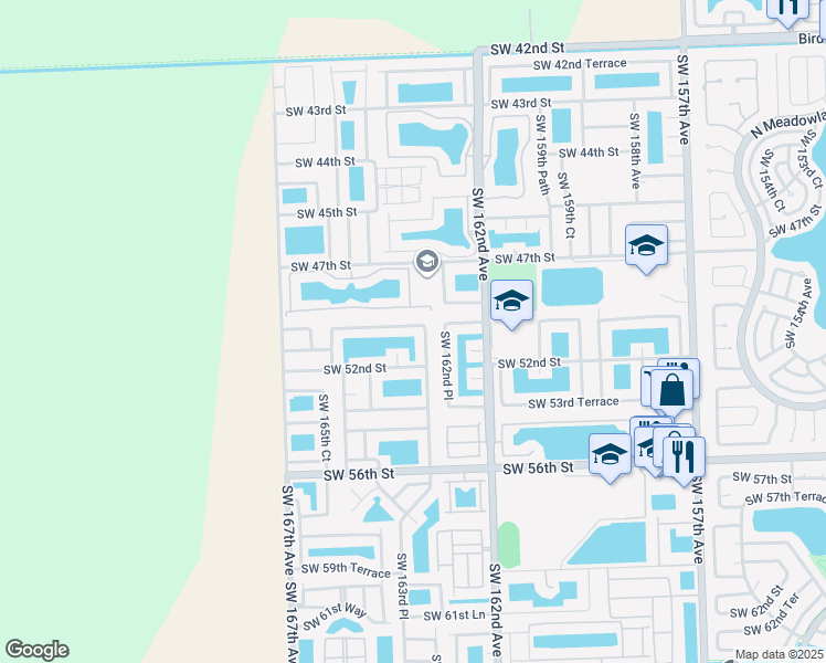 map of restaurants, bars, coffee shops, grocery stores, and more near 5123 Southwest 163rd Place in Miami