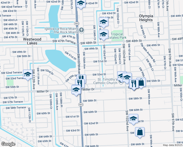 map of restaurants, bars, coffee shops, grocery stores, and more near 10530 Southwest 53rd Street in Miami