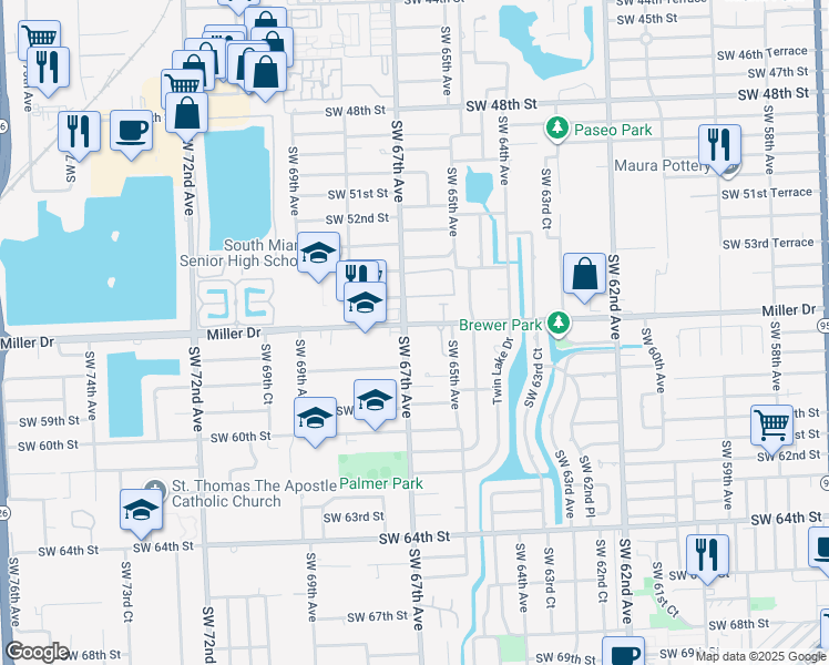 map of restaurants, bars, coffee shops, grocery stores, and more near 5700 Southwest 67th Avenue in South Miami