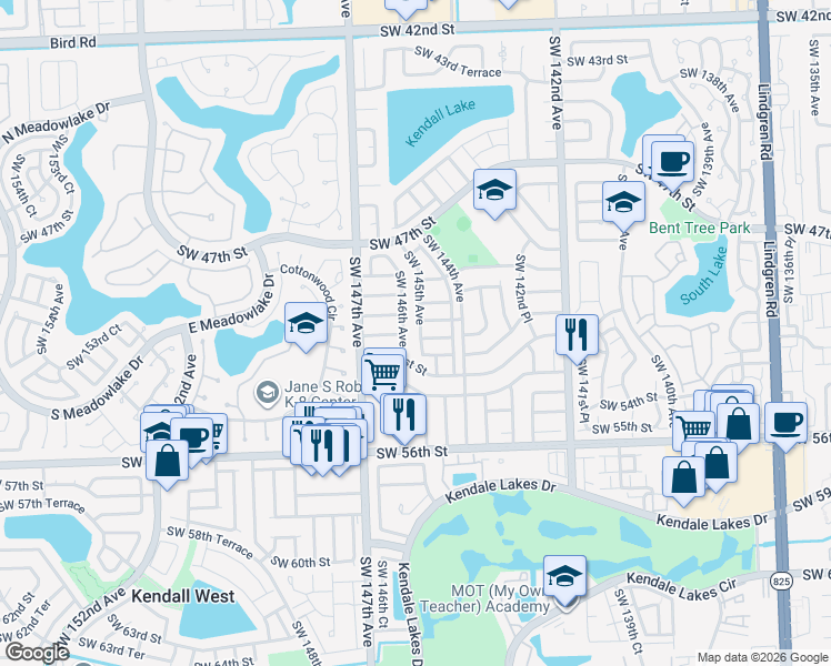 map of restaurants, bars, coffee shops, grocery stores, and more near 5030 Southwest 145th Avenue in Miami