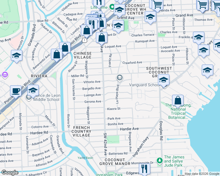 map of restaurants, bars, coffee shops, grocery stores, and more near 4160 El Prado Boulevard in Miami