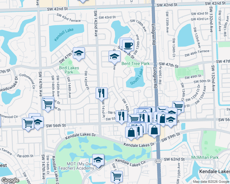 map of restaurants, bars, coffee shops, grocery stores, and more near 14051 Southwest 52nd Terrace in Miami