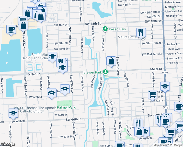 map of restaurants, bars, coffee shops, grocery stores, and more near 5631 Southwest 64th Place in South Miami