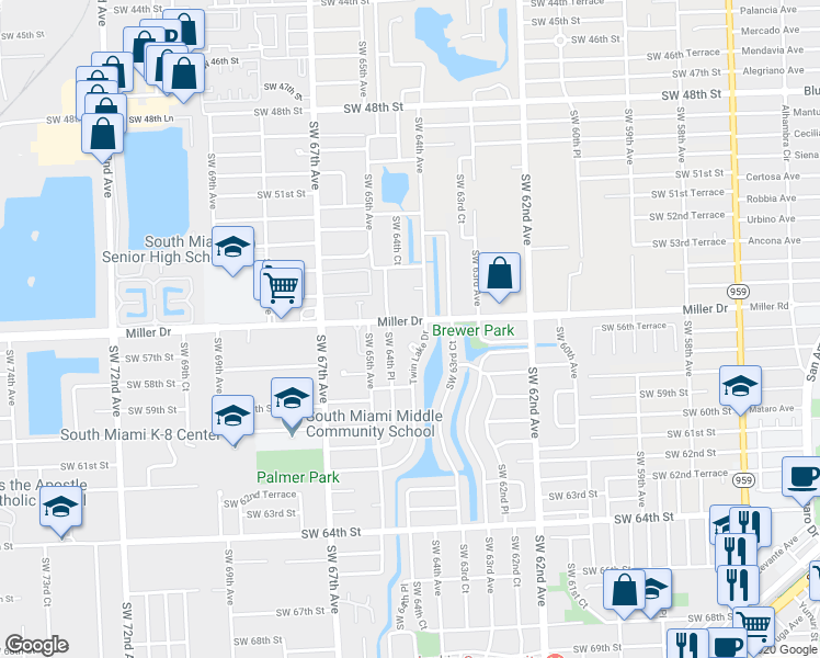 map of restaurants, bars, coffee shops, grocery stores, and more near 5631 Southwest 64th Place in South Miami