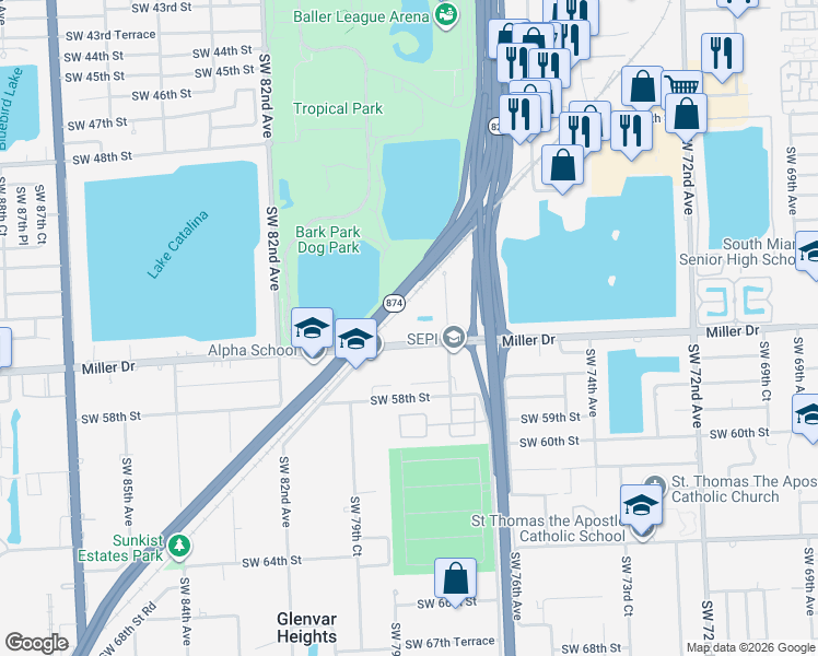 map of restaurants, bars, coffee shops, grocery stores, and more near 7823 Miller Drive in Miami