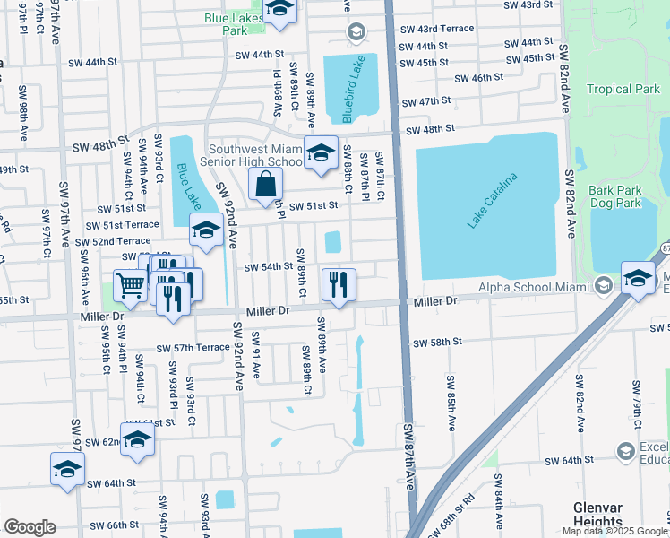 map of restaurants, bars, coffee shops, grocery stores, and more near 5431 Southwest 89th Avenue in Miami