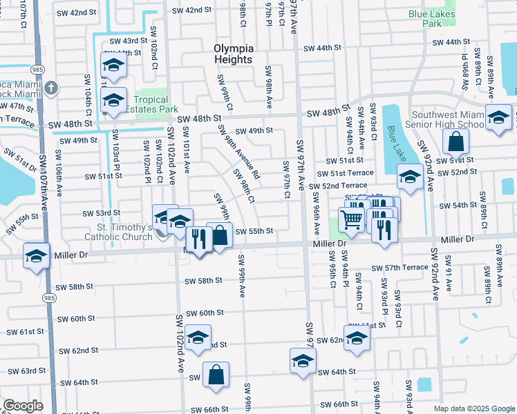 map of restaurants, bars, coffee shops, grocery stores, and more near 5401 Southwest 98th Court in Miami