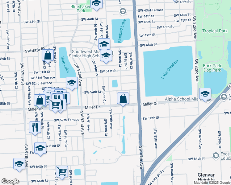 map of restaurants, bars, coffee shops, grocery stores, and more near 5431 Southwest 89th Avenue in Miami