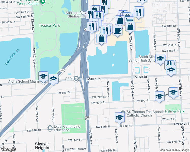 map of restaurants, bars, coffee shops, grocery stores, and more near 5600 Southwest 74th Court in Miami