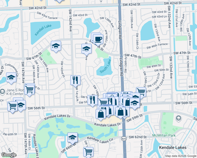 map of restaurants, bars, coffee shops, grocery stores, and more near 5218 Southwest 139th Place in Miami
