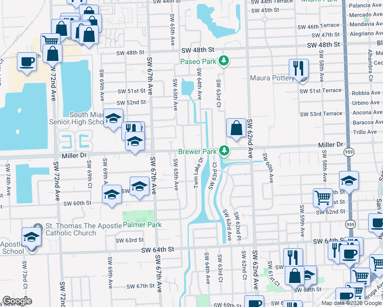 map of restaurants, bars, coffee shops, grocery stores, and more near 5631 Southwest 64th Place in South Miami