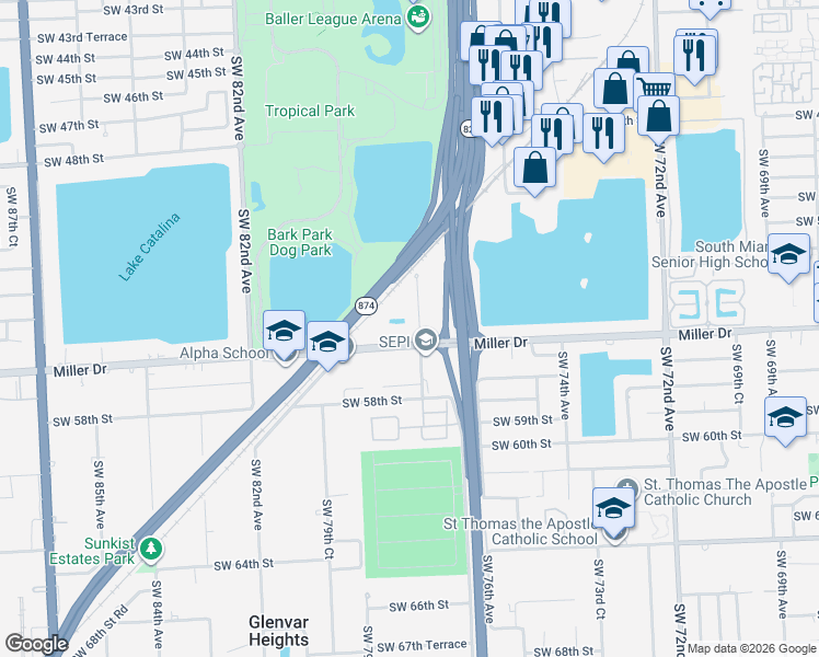 map of restaurants, bars, coffee shops, grocery stores, and more near 5400 Southwest 77th Court in Miami
