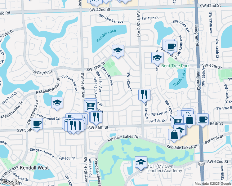 map of restaurants, bars, coffee shops, grocery stores, and more near 4925 Southwest 144th Avenue in Miami