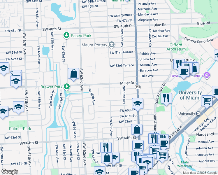 map of restaurants, bars, coffee shops, grocery stores, and more near 5901 Miller Drive in Miami